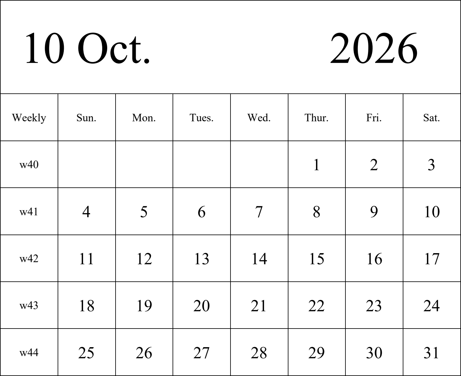 日历表2026年日历 英文版 纵向排版 周日开始 带周数